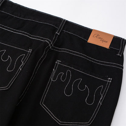 Flame Embroidery Straight-Leg Jeans with Contrast Stitching