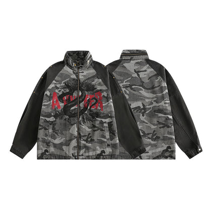 Snake Pattern Vintage Hooded Zip-Up Camouflage Jacket