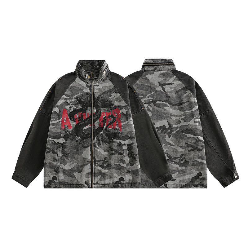Snake Pattern Vintage Hooded Zip-Up Camouflage Jacket