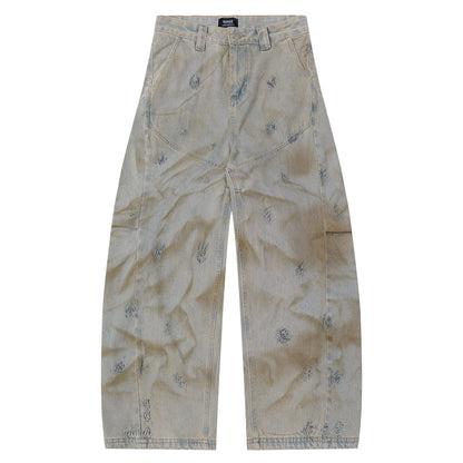 Graffiti Washed Loose Fit Blade-Cut Jeans