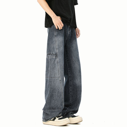 Retro Utility Wide-Leg Denim Pants – Straight Fit Workwear Jeans