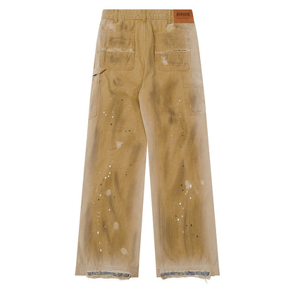 Splatter Wash Loose Straight-Leg Utility Jeans