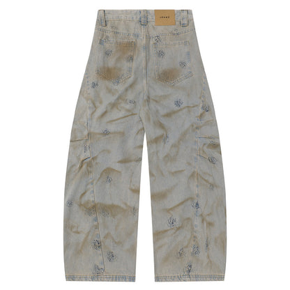 Graffiti Washed Loose Fit Blade-Cut Jeans