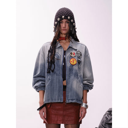 Vintage Denim Varsity Jacket with Badge Detail