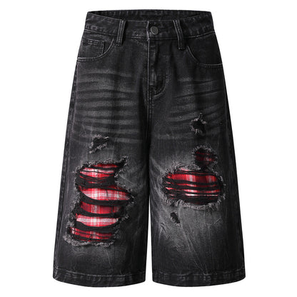 High-Street Ripped Colorblock Denim Shorts