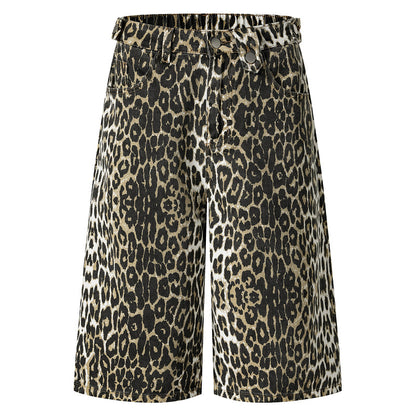 Vintage Leopard Print Loose Fit Denim Shorts