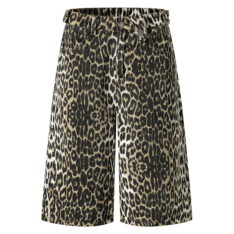 Vintage Leopard Print Loose Fit Denim Shorts