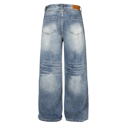 Washed Patchwork Loose Lightning Pleated Denim Pants