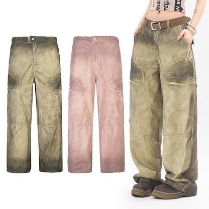 Vintage Tie-Dye Loose Jeans with 3D Wrinkle Detail