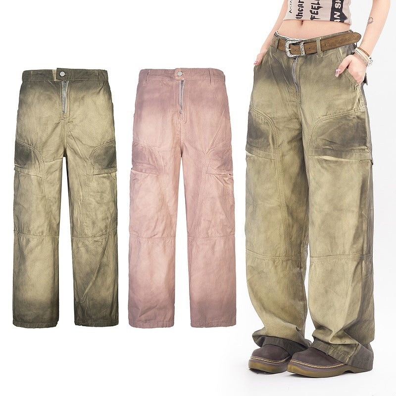 Vintage Tie-Dye Loose Jeans with 3D Wrinkle Detail