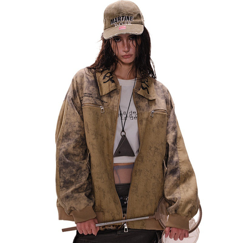 Vintage Spray-Paint Work Jacket with Embroidered Lapel