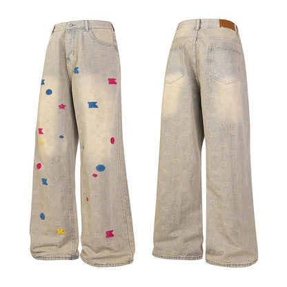 Washed Mud-Dyed Embroidered Loose Straight Micro-Flare Jeans