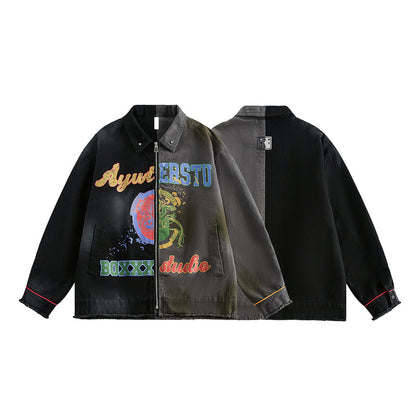 Vintage-Inspired Graffiti Patchwork Loose-Fit High-Density Cotton Jacket