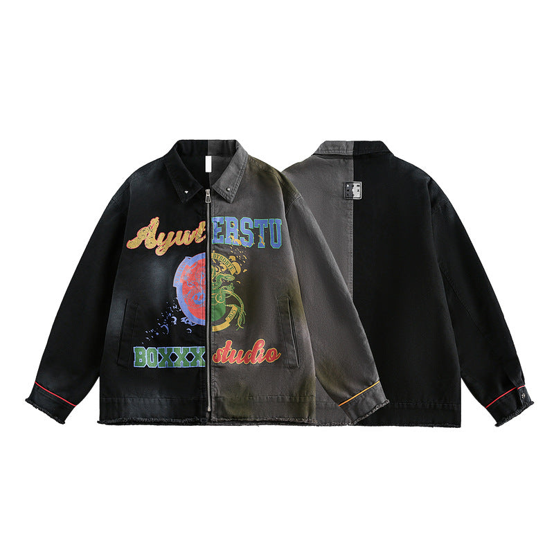 Vintage-Inspired Graffiti Patchwork Loose-Fit High-Density Cotton Jacket
