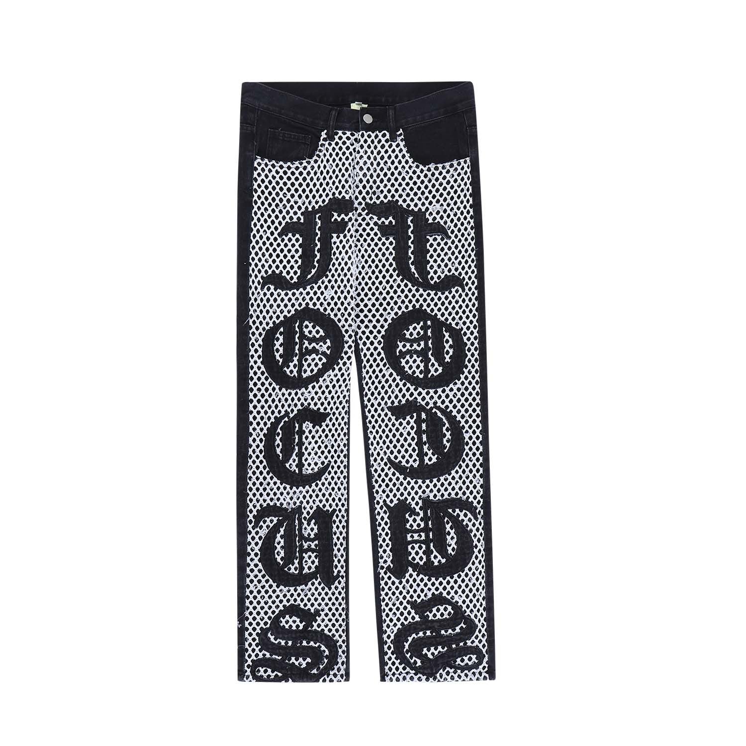 Patchwork Mesh Letter Embroidered Loose Wide-Leg Jeans