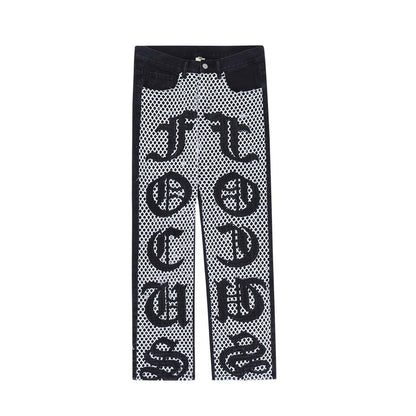Patchwork Mesh Letter Embroidered Loose Wide-Leg Jeans