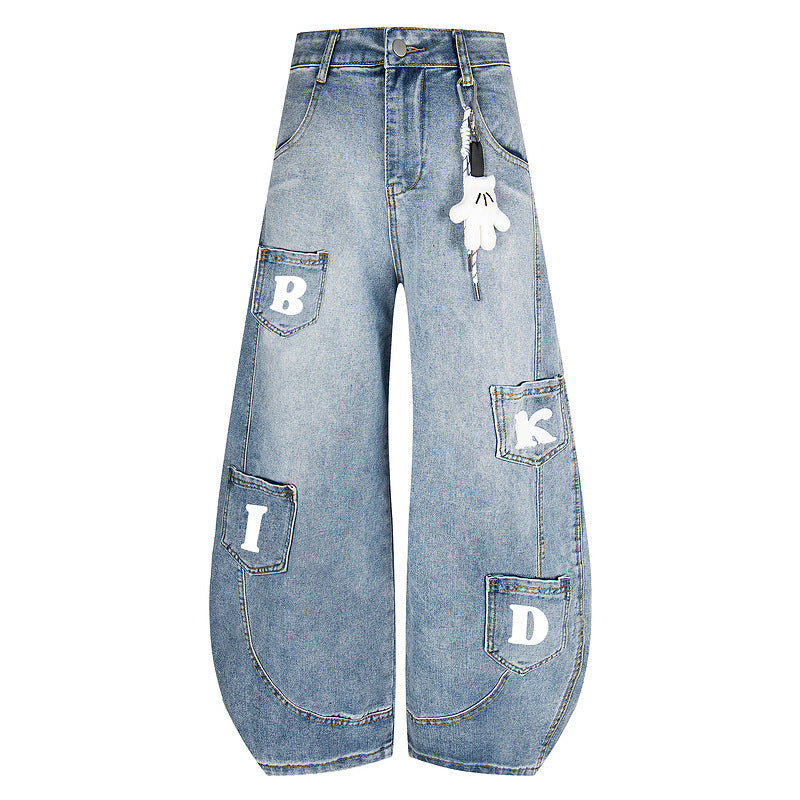 Vintage Wide-Leg Embroidered Jeans with Multi-Pockets