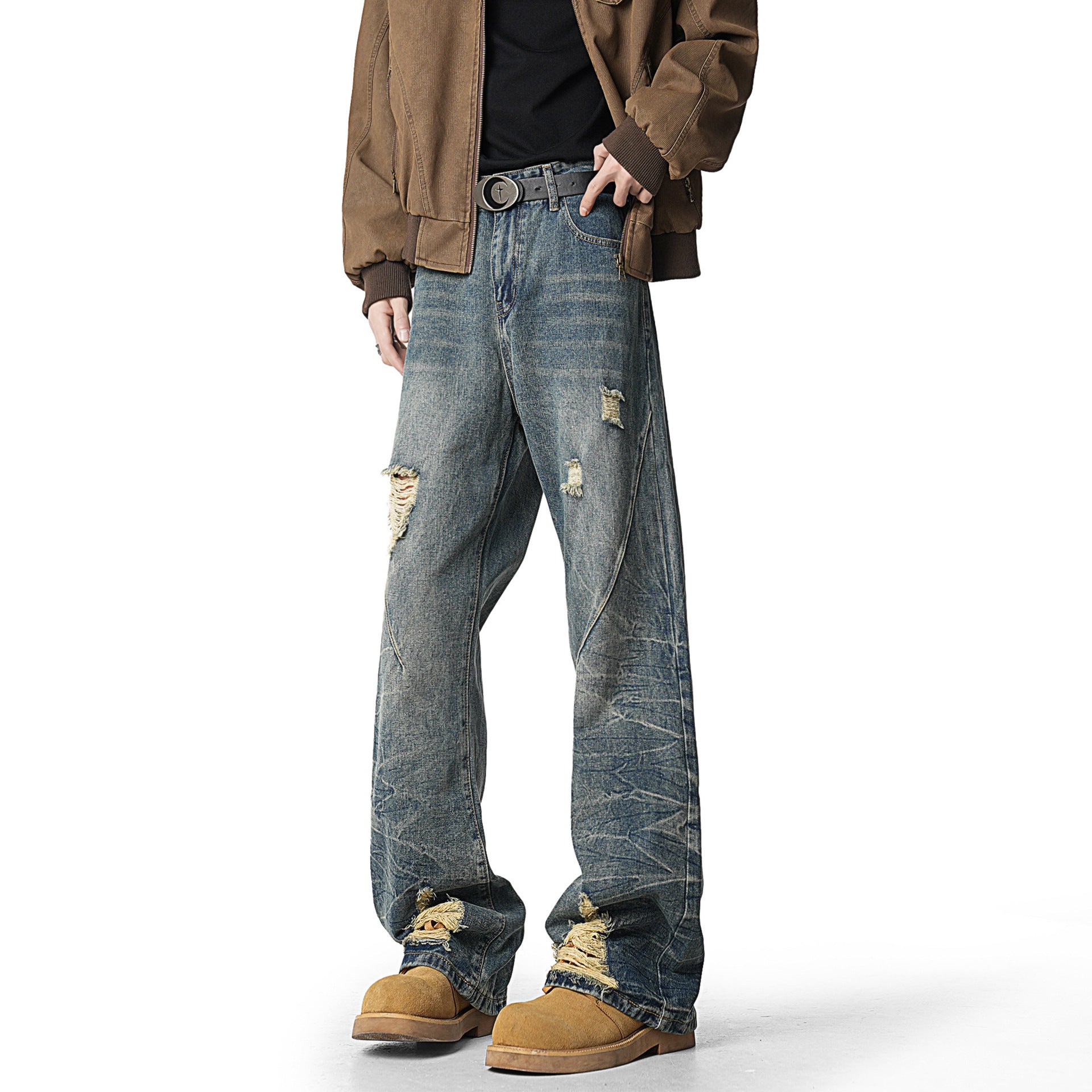 Vintage Ripped Flared Straight-Leg Denim Pants