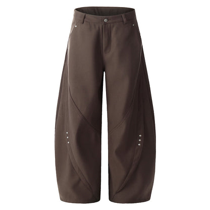 Retro Rivet Curved-Cut Wide-Leg Cargo Pants