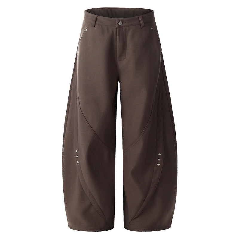 Retro Rivet Curved-Cut Wide-Leg Cargo Pants