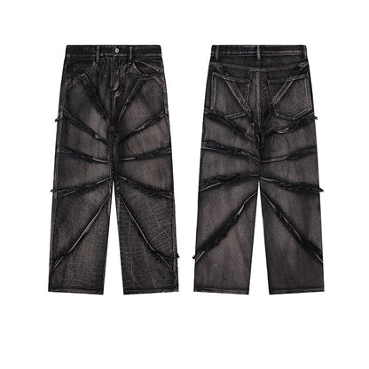 Heavy Washed Flared Jeans with Raw Hem and Stone Finish