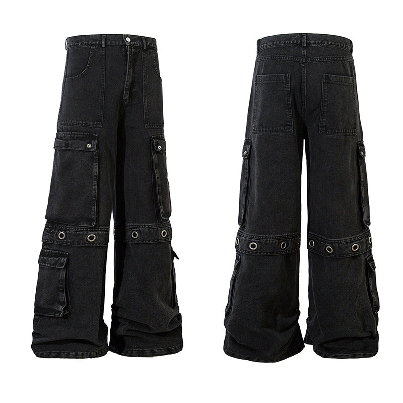 Streetwear Washed Loose Wide-Leg Denim Pants with Draped Silhouette