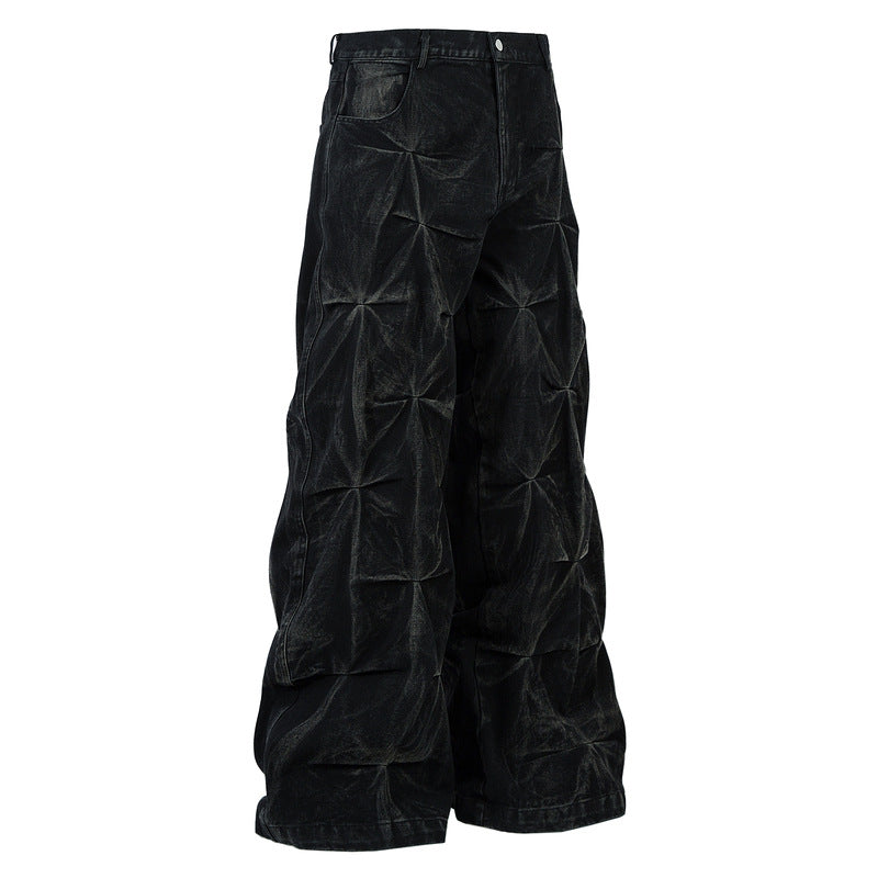 Wrinkled Wax-Coated Distressed Denim Pants with Hand Stitching
