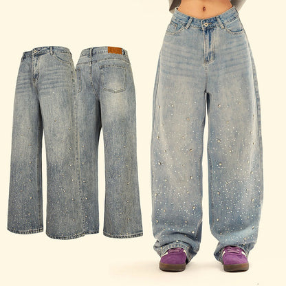 Vintage Loose Fit Denim Pants with Rhinestone Details