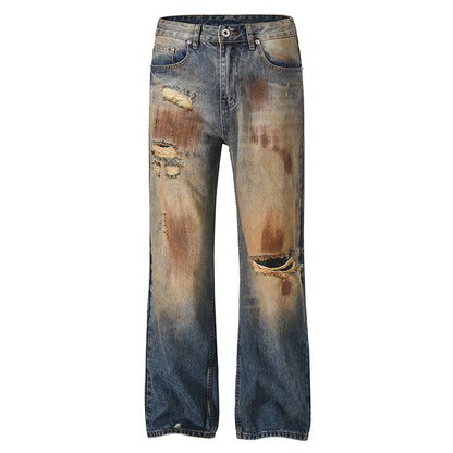 High-Street Distressed Mud-Dyed Vintage Washed Straight-Leg Jeans