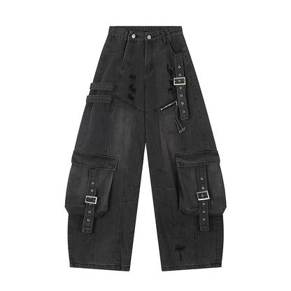 Hip-Hop Washed Patchwork Denim Work Pants