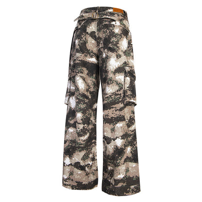 Vintage Camouflage Multi-Pocket Cargo Jeans with Elastic Waist