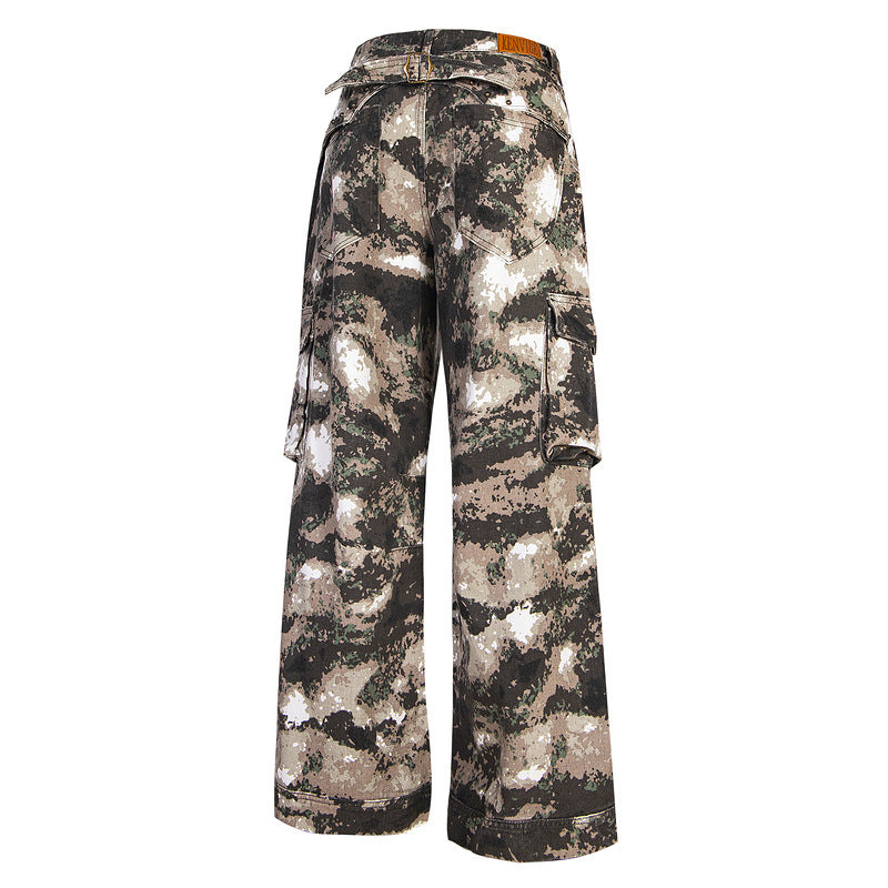 Vintage Camouflage Multi-Pocket Cargo Jeans with Elastic Waist
