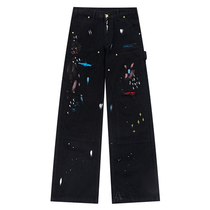 Washed Paint-Splatter Vintage Straight Jeans