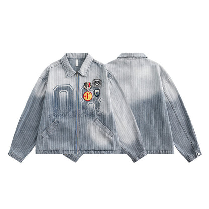 Vintage Denim Varsity Jacket with Badge Detail
