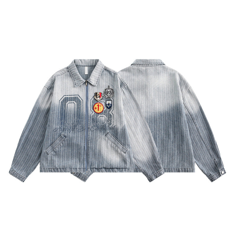 Vintage Denim Varsity Jacket with Badge Detail