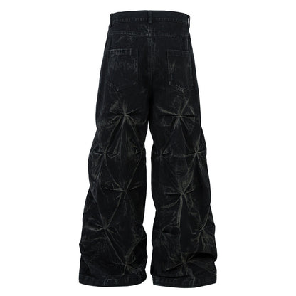 Wrinkled Wax-Coated Distressed Denim Pants with Hand Stitching