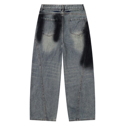 Vintage Distressed Straight-Leg Wide Jeans with Curved Slit Cut