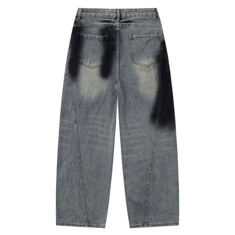 Vintage Distressed Straight-Leg Wide Jeans with Curved Slit Cut