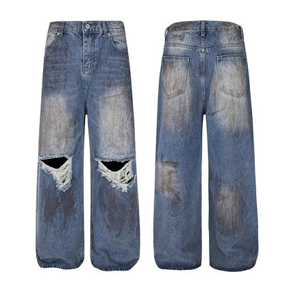 Vintage Low-Waist Distressed Wide-Leg Jeans – Loose Straight Hem Pants