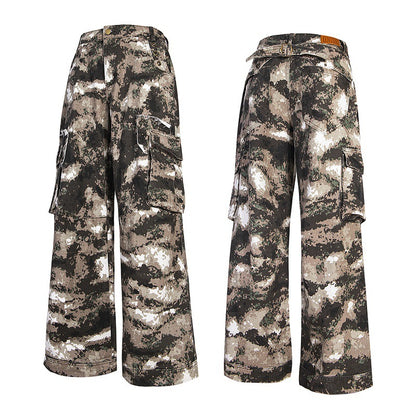 Vintage Camouflage Multi-Pocket Cargo Jeans with Elastic Waist