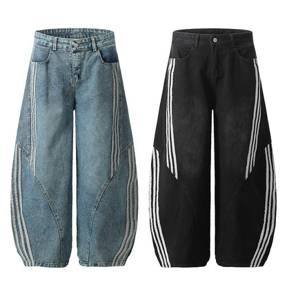 Side Stripe Knife-Cut Wide-Leg Denim Pants