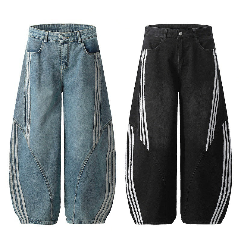 Side Stripe Knife-Cut Wide-Leg Denim Pants