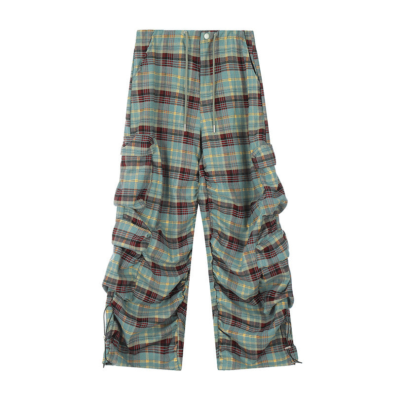 Vintage Plaid Colorblock Wide-Leg Cargo Pants