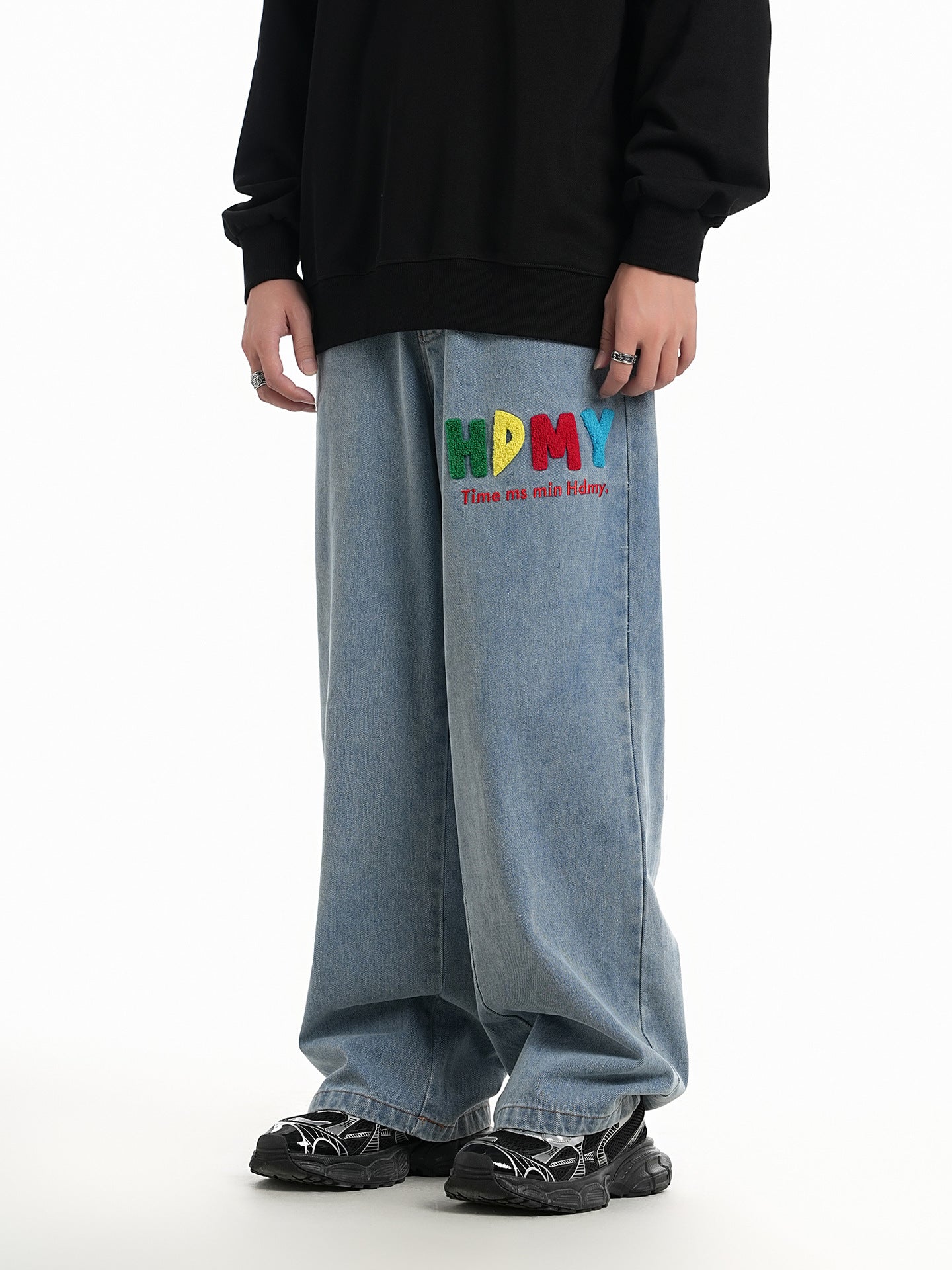 Vintage Washed Denim Pants with Embroidered Letter & Butterfly Patches