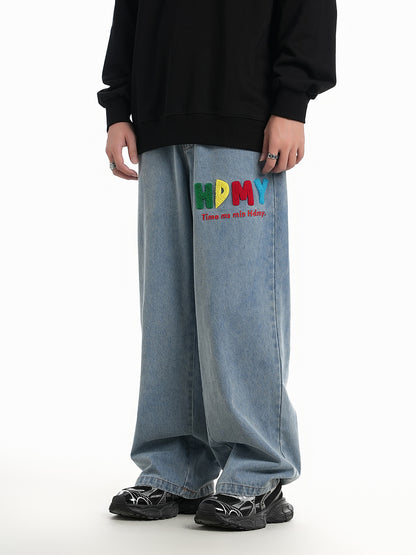 Vintage Washed Denim Pants with Embroidered Letter & Butterfly Patches