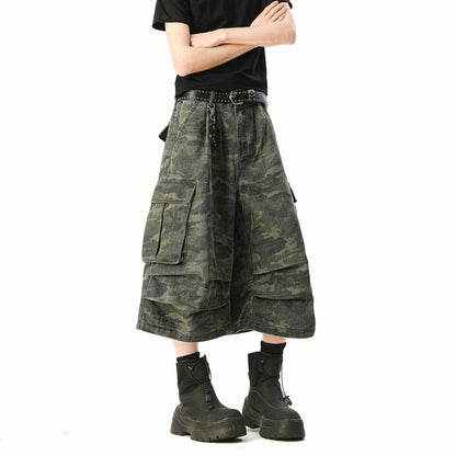 Camouflage Multi-Pocket Wide-Leg Cargo Shorts