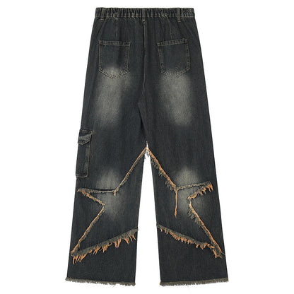 Vintage Washed Loose Straight Jeans with Star Patch Embroidery