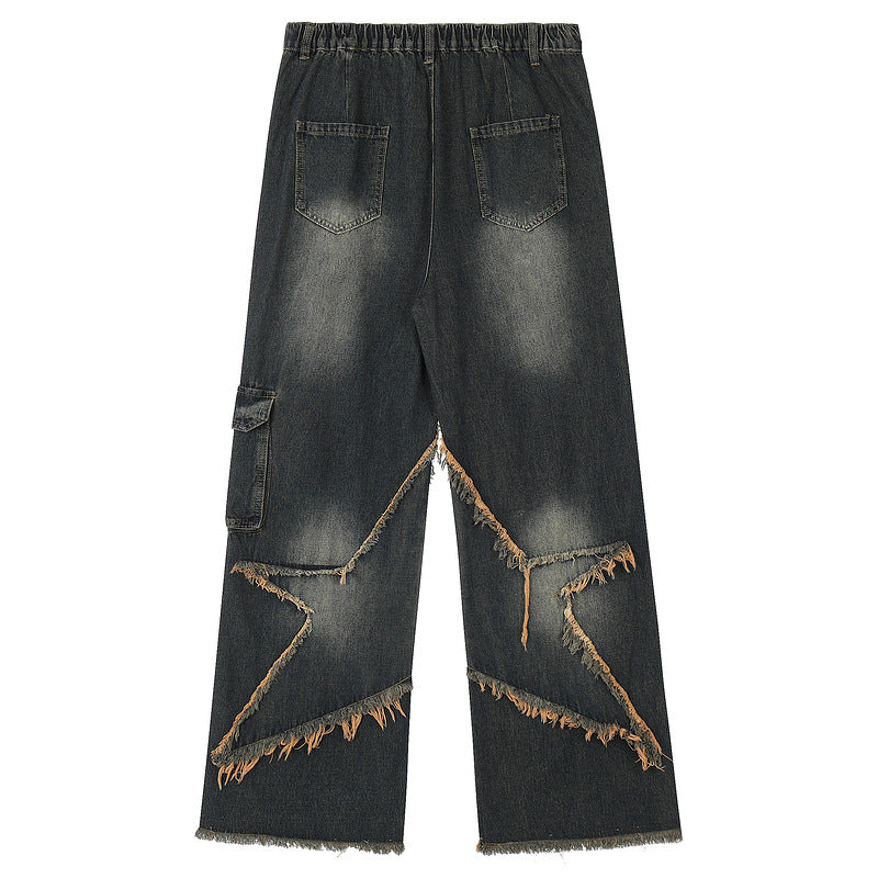 Vintage Washed Loose Straight Jeans with Star Patch Embroidery