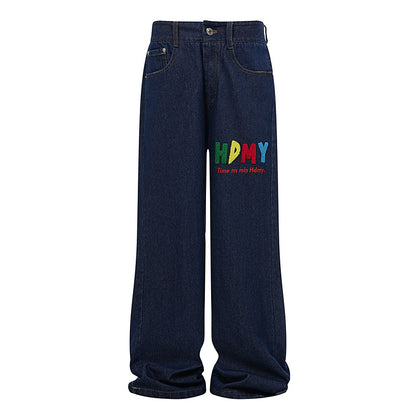 Vintage Washed Denim Pants with Embroidered Letter & Butterfly Patches
