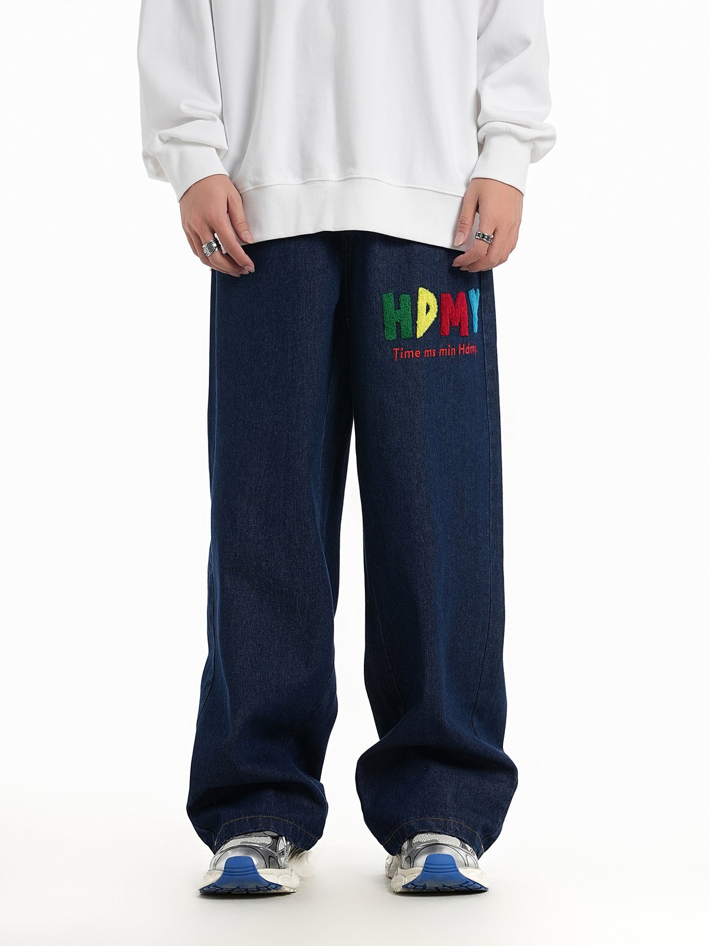 Vintage Washed Denim Pants with Embroidered Letter & Butterfly Patches